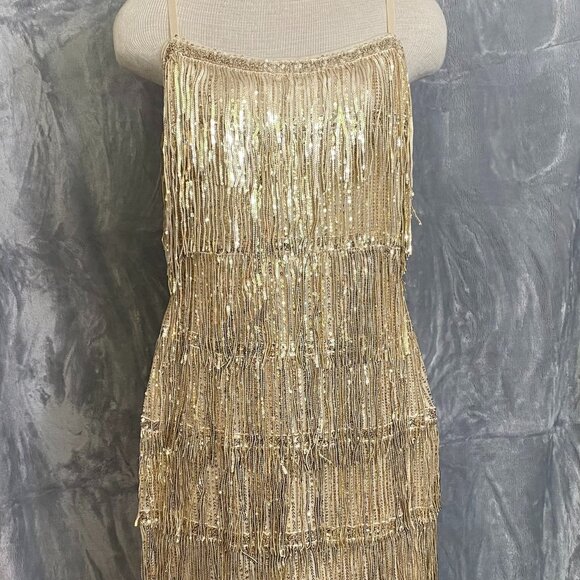 SHEIN Gold Sequin Fringe Mini Dress | Gatsby Tina Turner Costume | Size 14 XXL - Picture 1 of 13